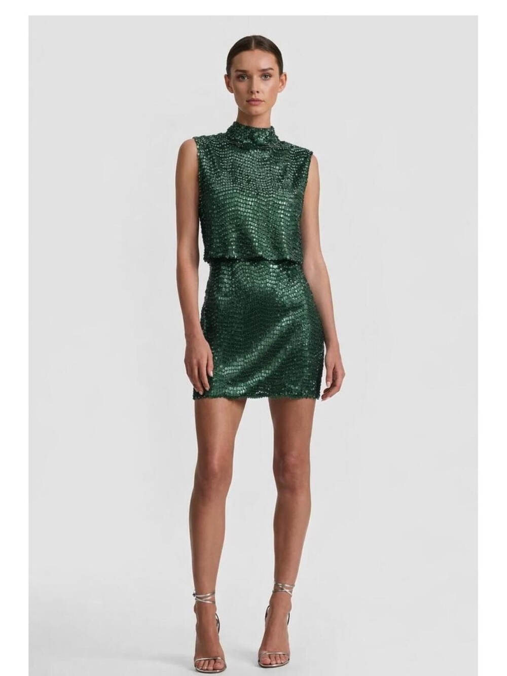 Badgley Mischka Emerald Green Sequin Mock Neck Mini Dress NWT SZ 0 Cocktail GALA